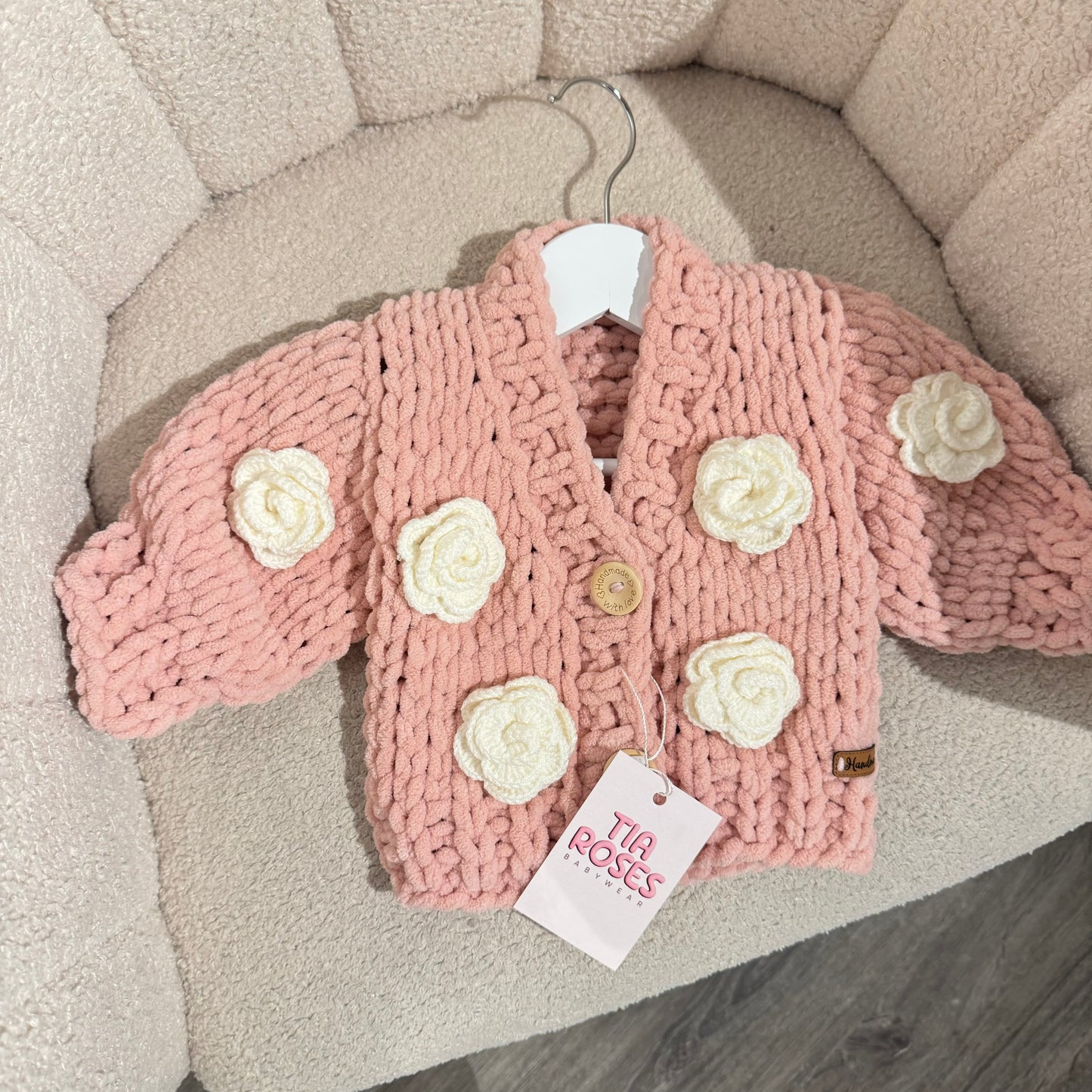 Pre order Soft handknit cardigan with knitted flowers