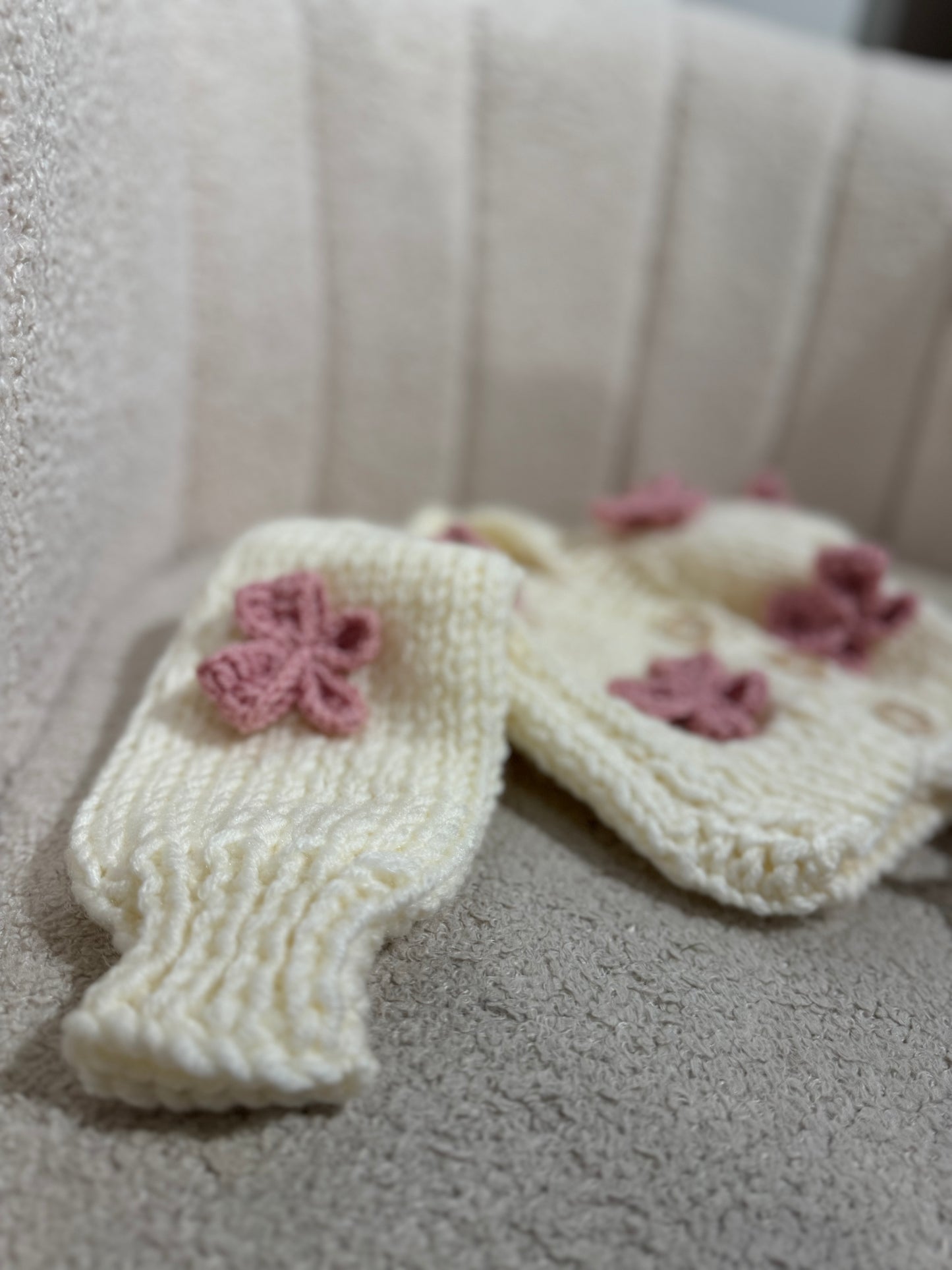 Pre order handknit cream cardigan with brown and pink bows