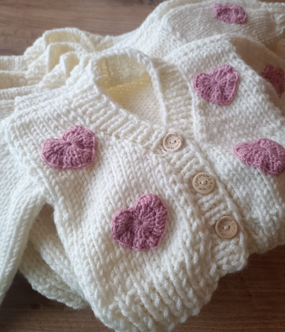 Pre order cream handknit cardigan with pink hearts