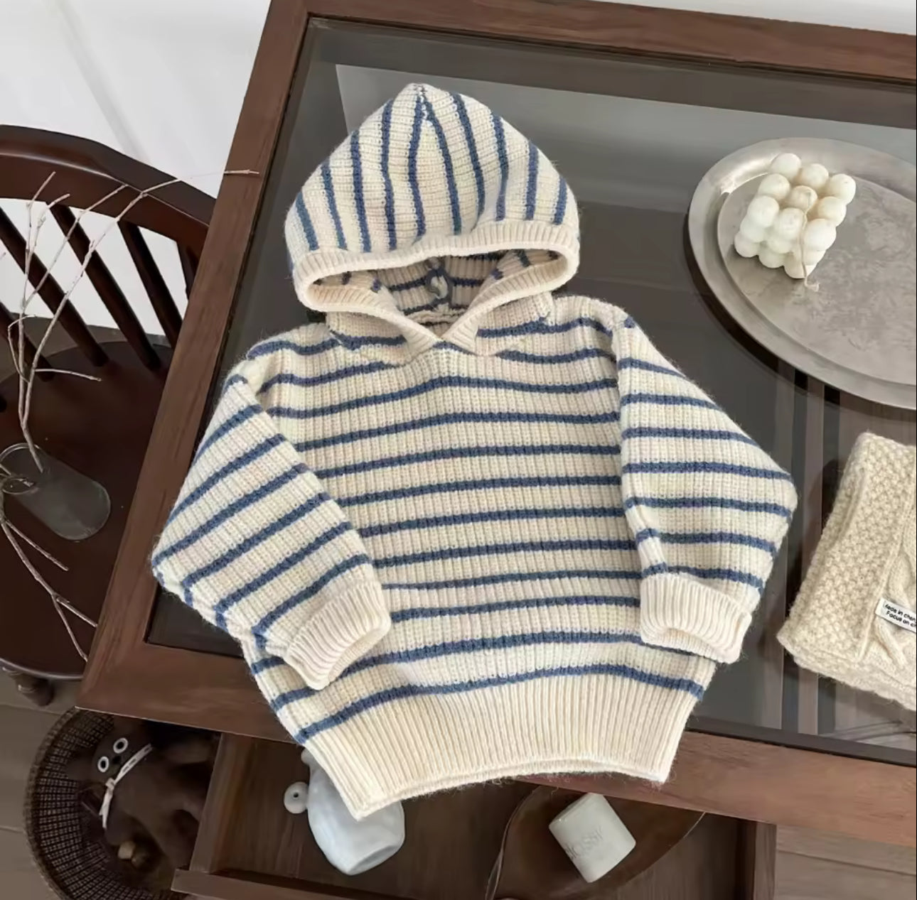 Knit blue stripe romper/hoodie