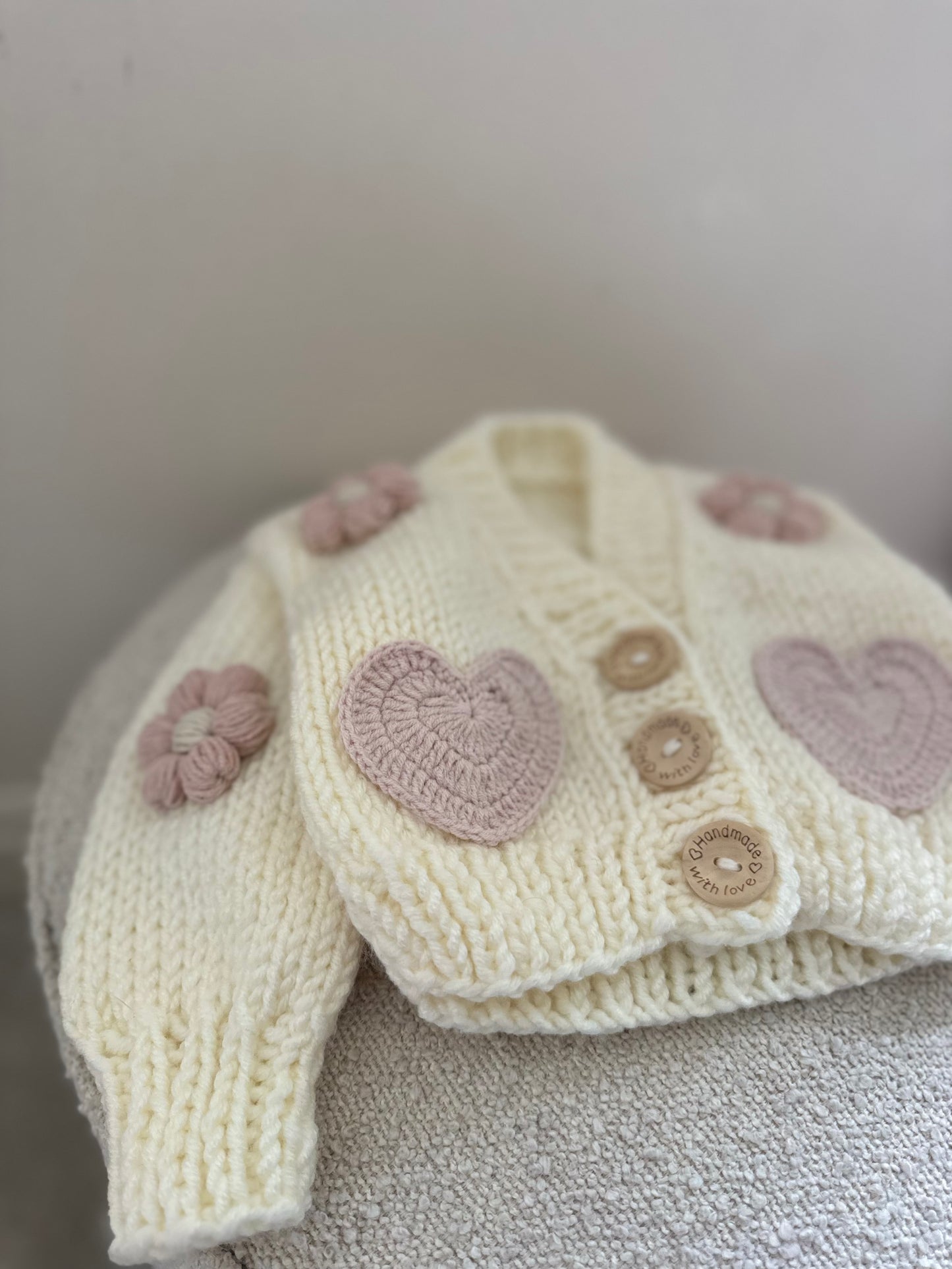 In stock cream and pink heart flower handknitted cardigan