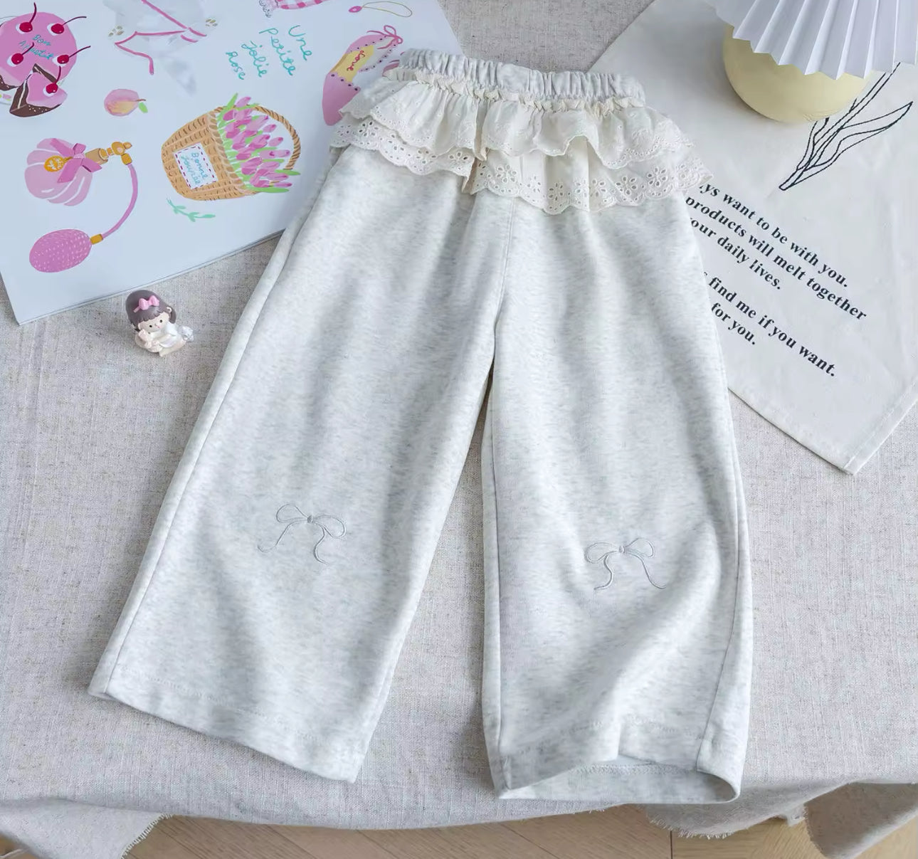 Spring lace trim bow joggers