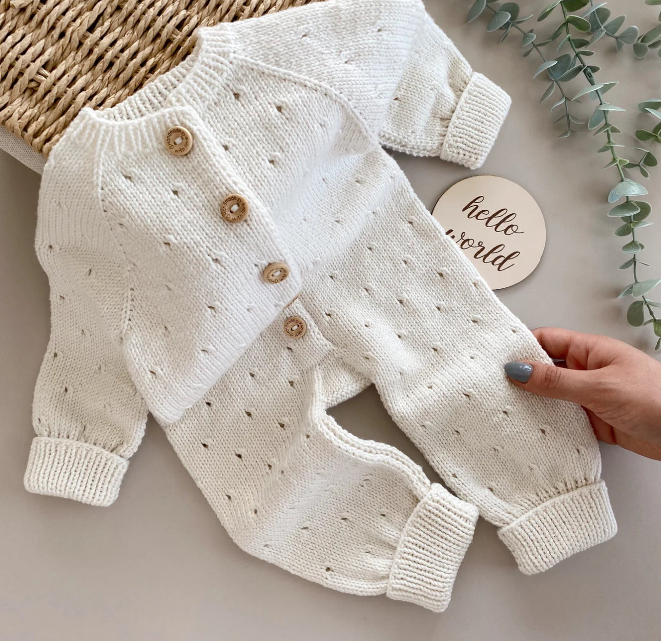 ‘Coming home’ handknitted collection romper/blanket/bonnet/booties