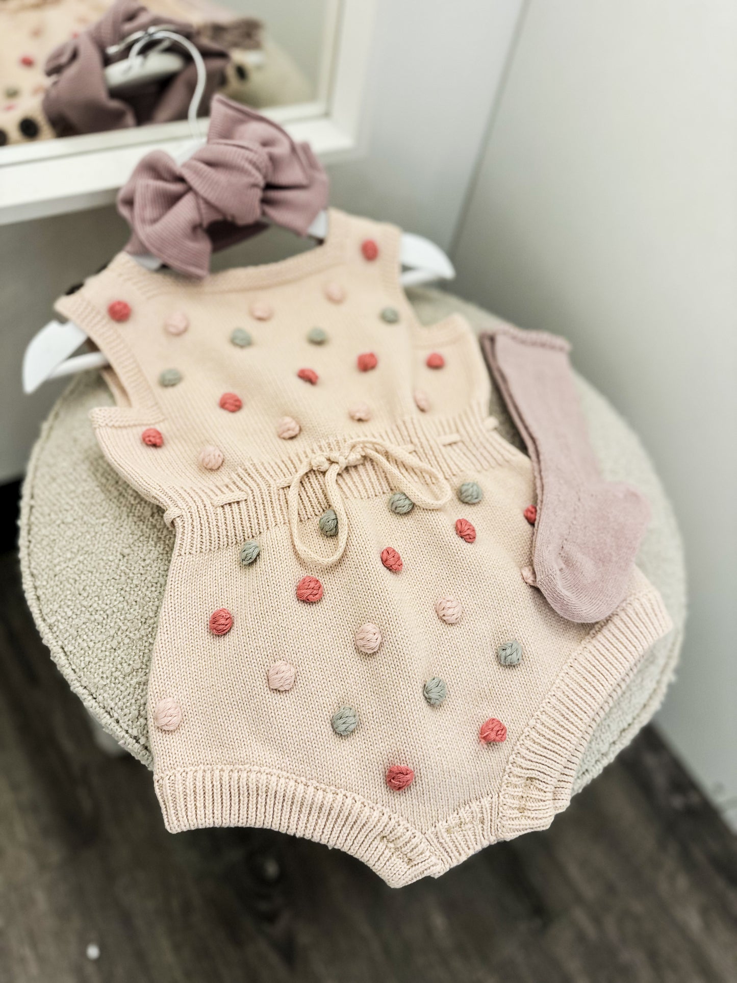 Pre order spring beige multi knit bobble romper/set