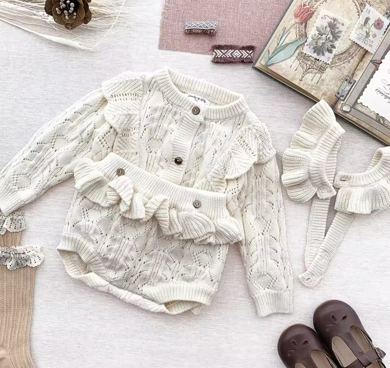 Pre order 100% cotton knitted romper and cardigan sets