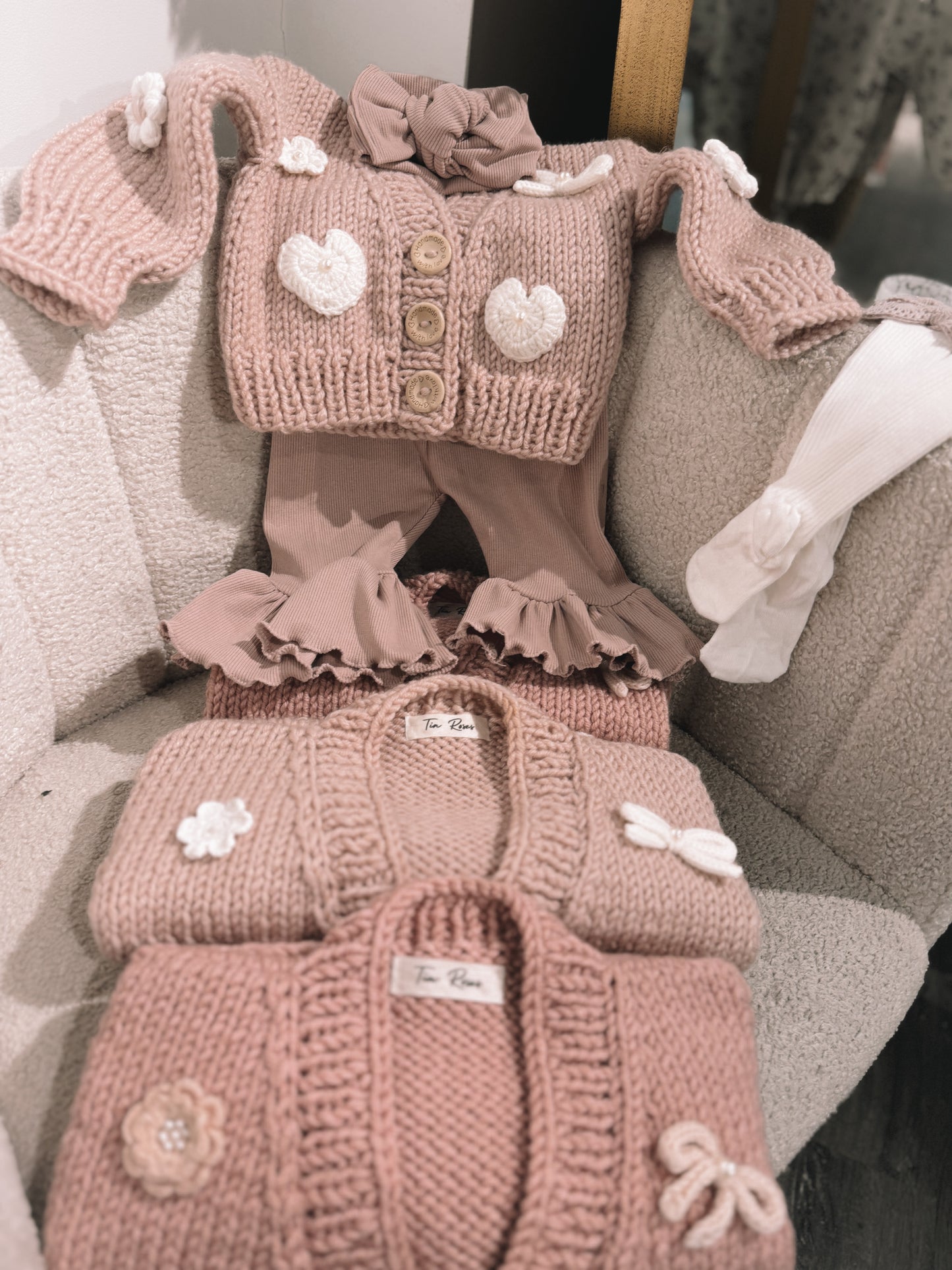 Pre order new style handknitted bows hearts and flowers cardigans