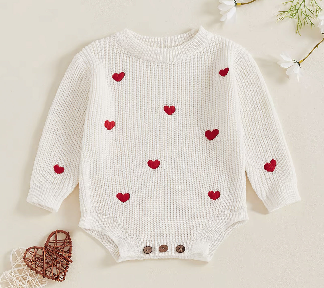 Pre order Valentines chunky knit embroidered heart rompers