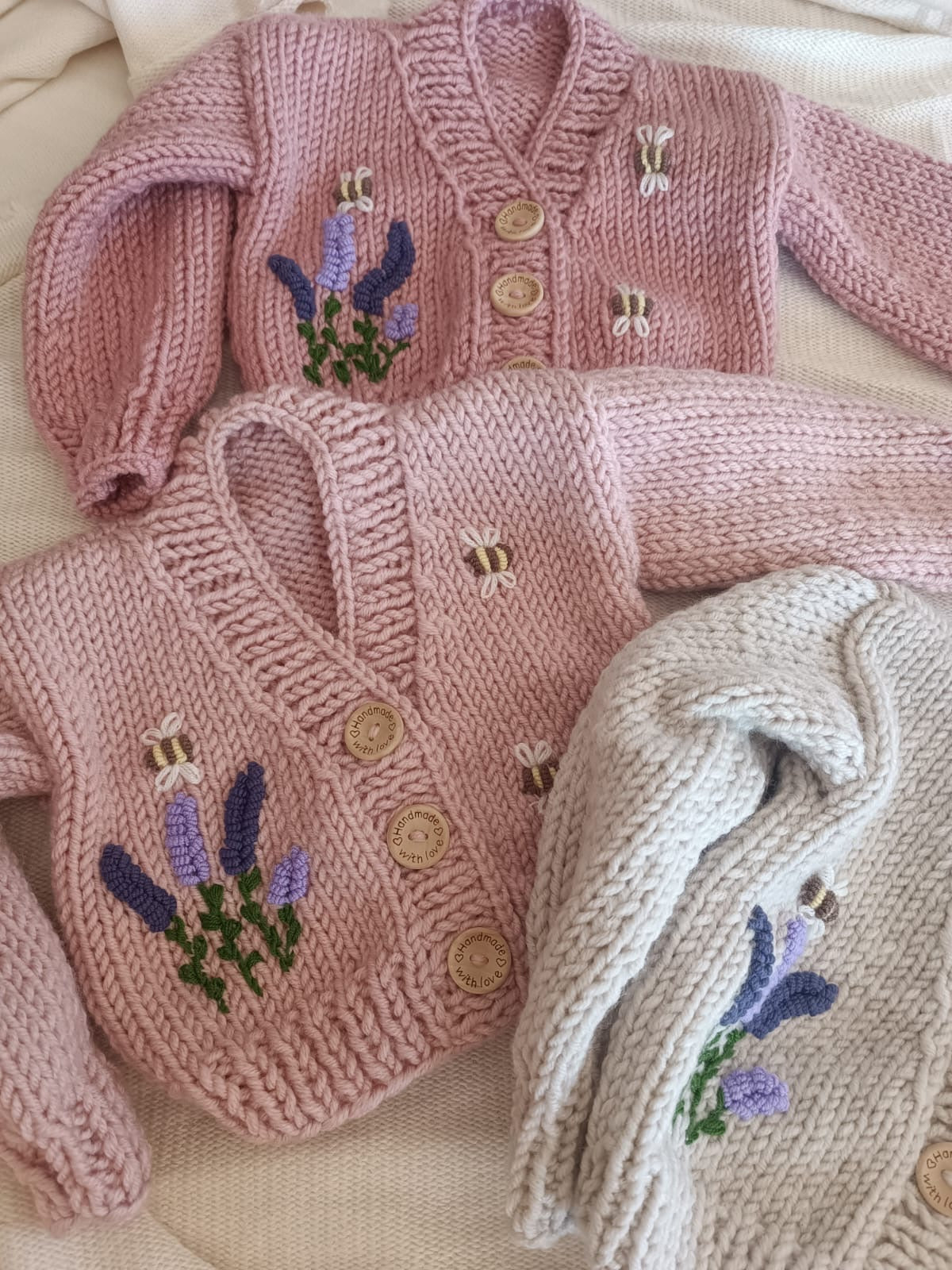Pre order New collection handknitted flower and bee cardigans