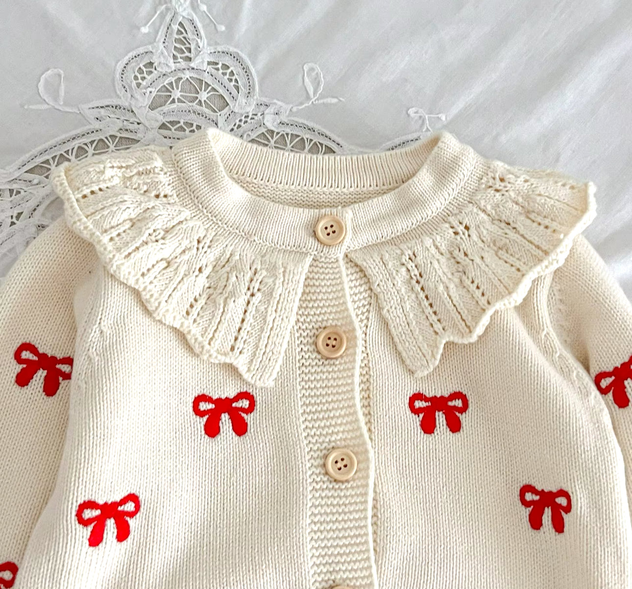 Pre order cream knit bow cardigan and romper 2 piece set