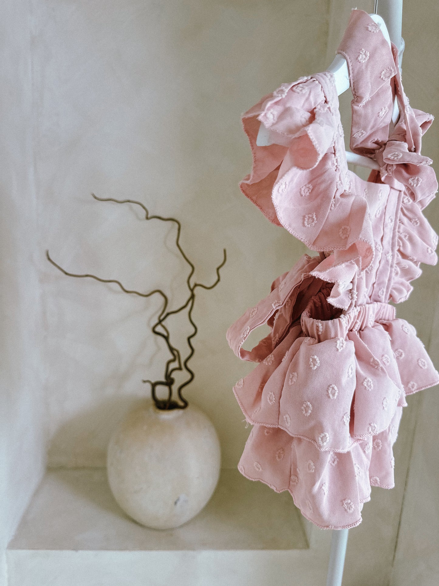 In stock summer dusky pink ruffle romper and headband