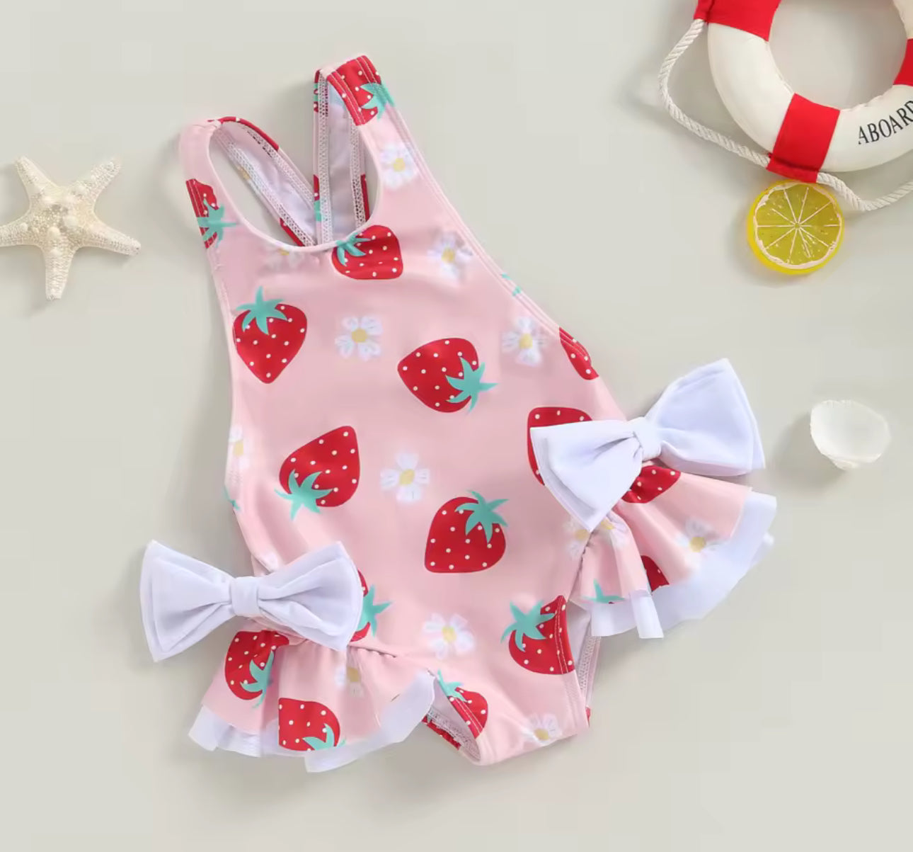 Pink strawberry print swimming costume/ruffle costume/ two piece collection