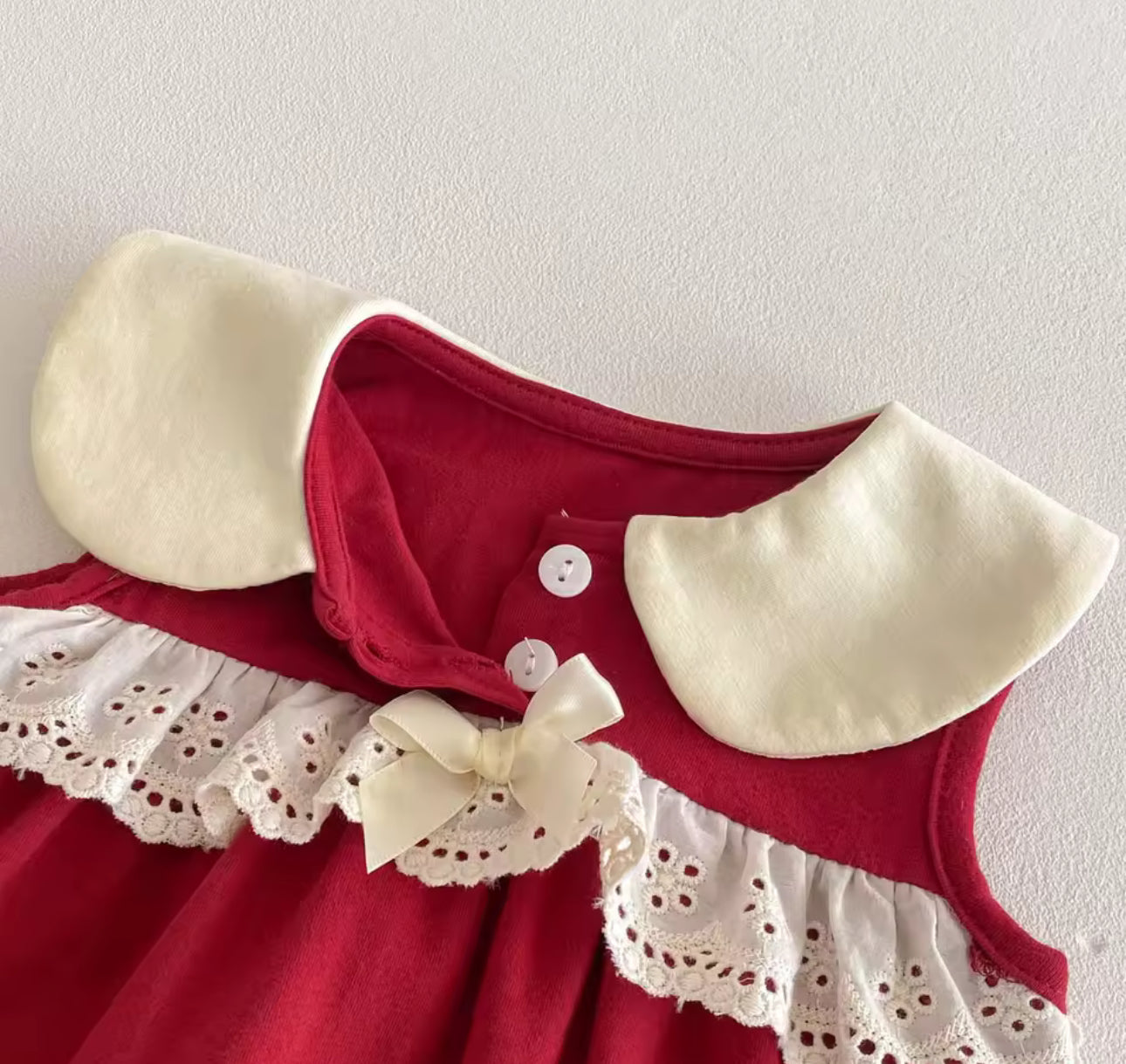 Lace trim red Christmas romper