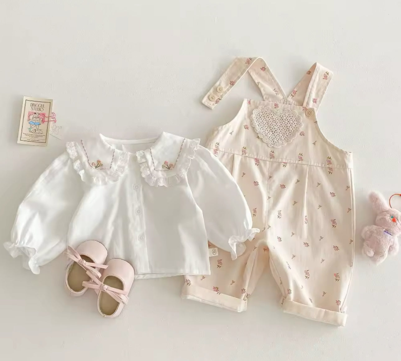 Pre order spring floral print denim dungarees and embroidered flower collar shirt