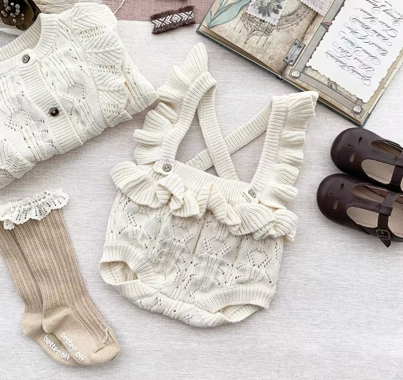 Pre order 100% cotton knitted romper and cardigan sets
