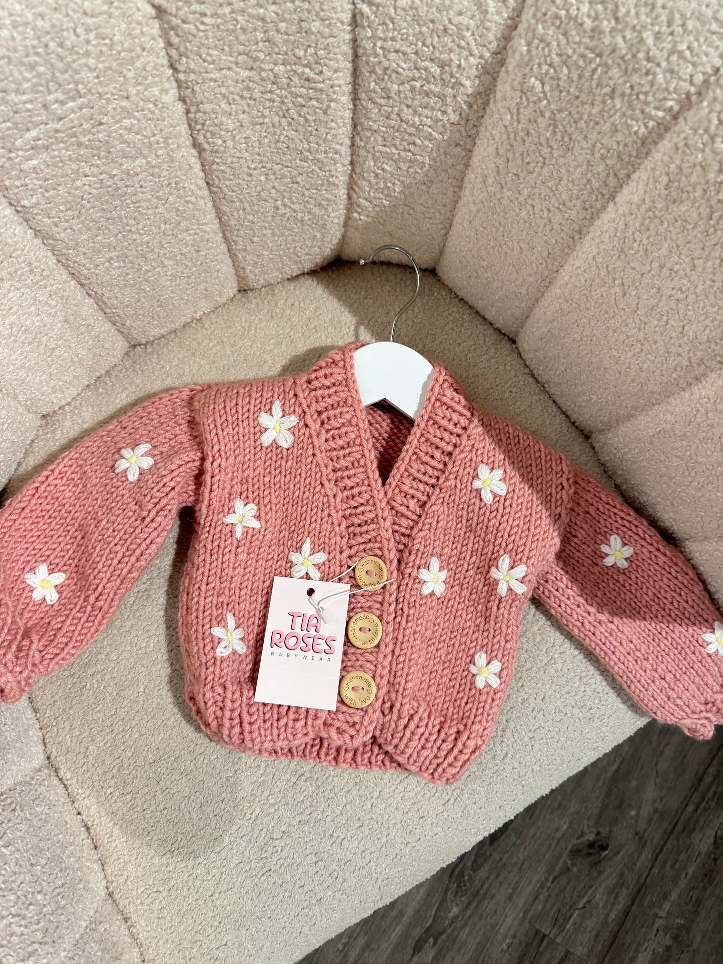 Hand knitted chunky cardigan cream bow