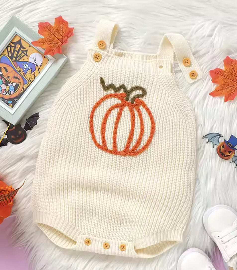 Pumpkin embroidered knitted romper