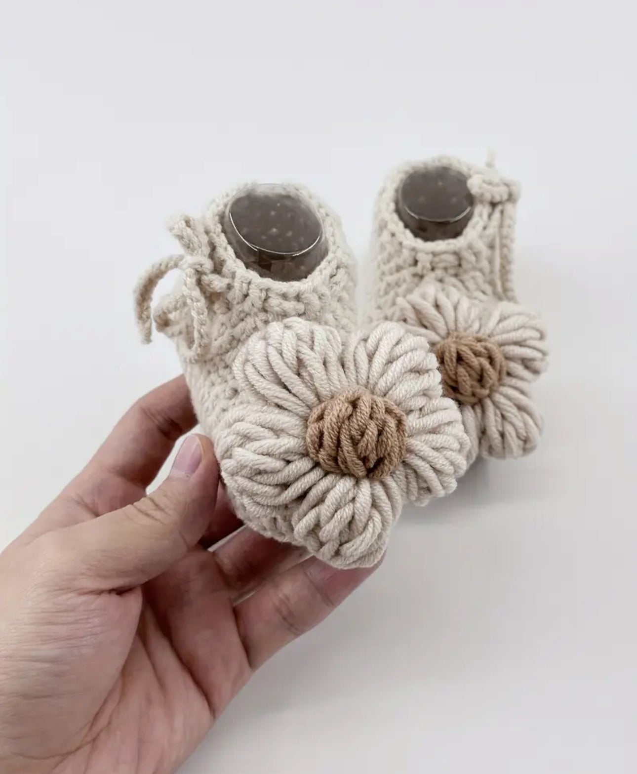 Hand crochet beige flower booties (1 week turnover time)