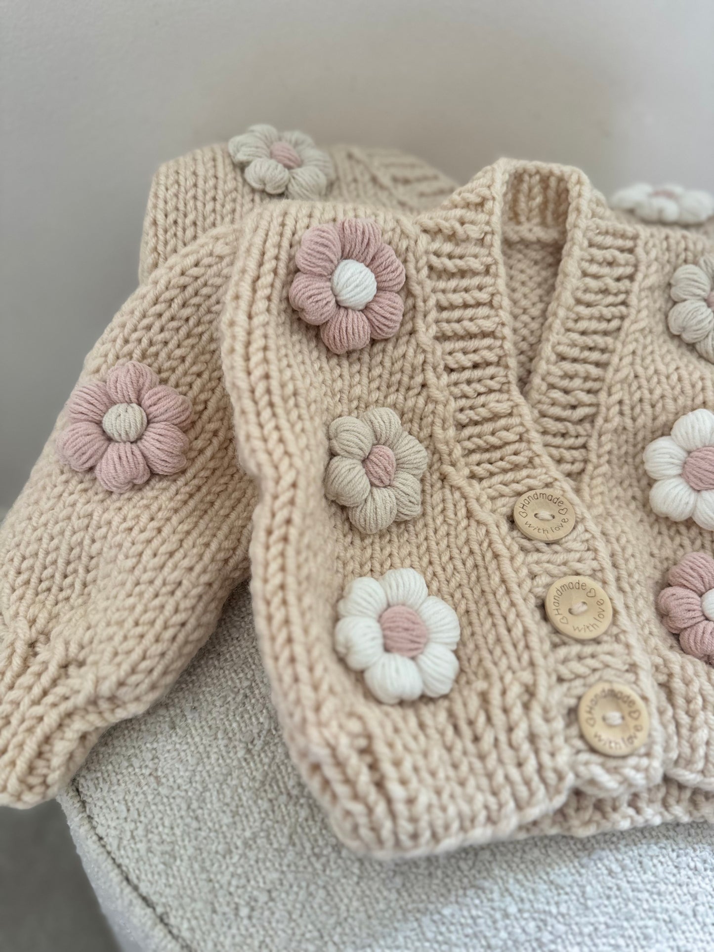 In stock beige and baby pink multi flowers handknitted cardigan
