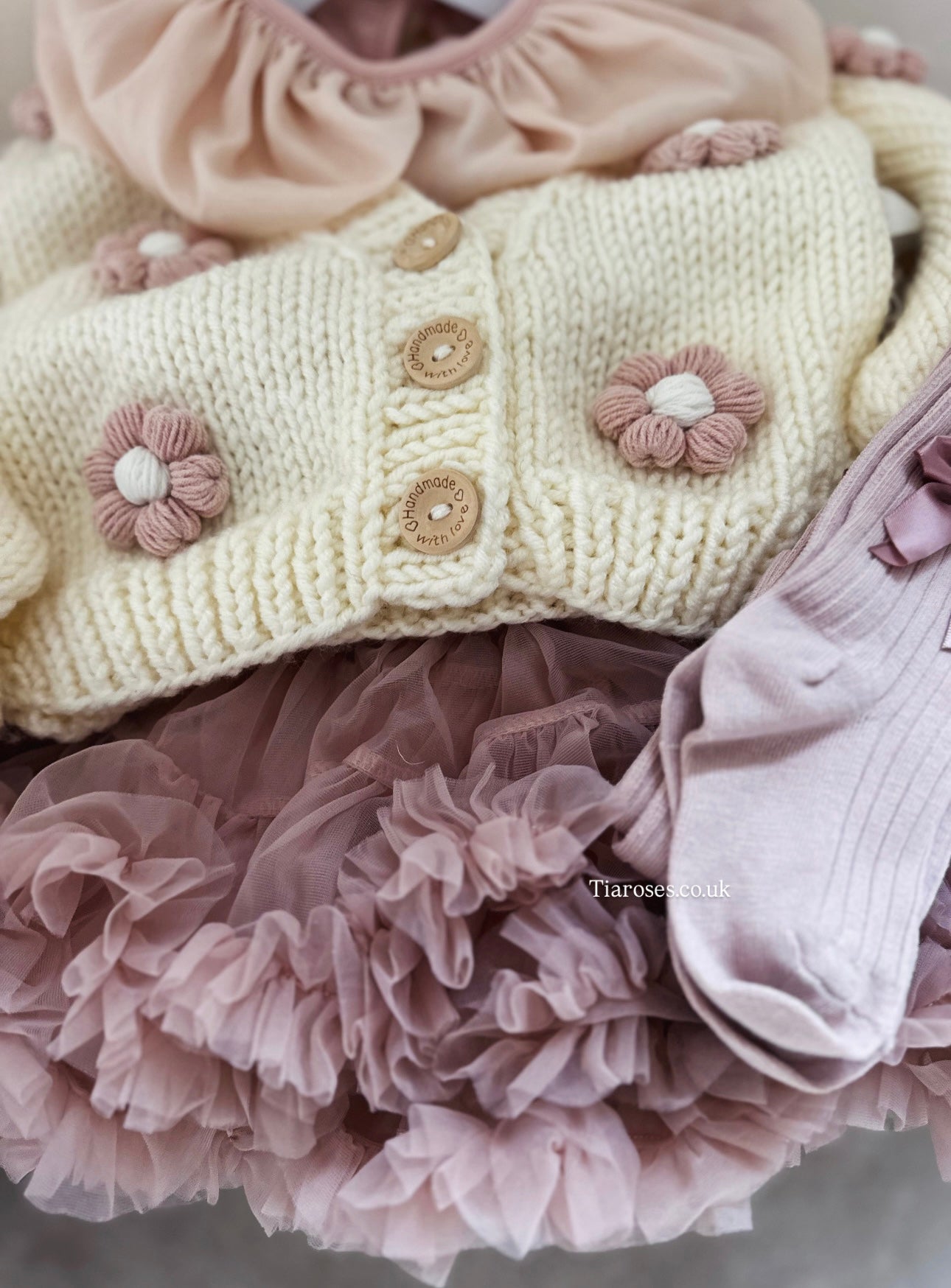 Handknitted cream flower cardigan, top, tutu and tights 4 piece set