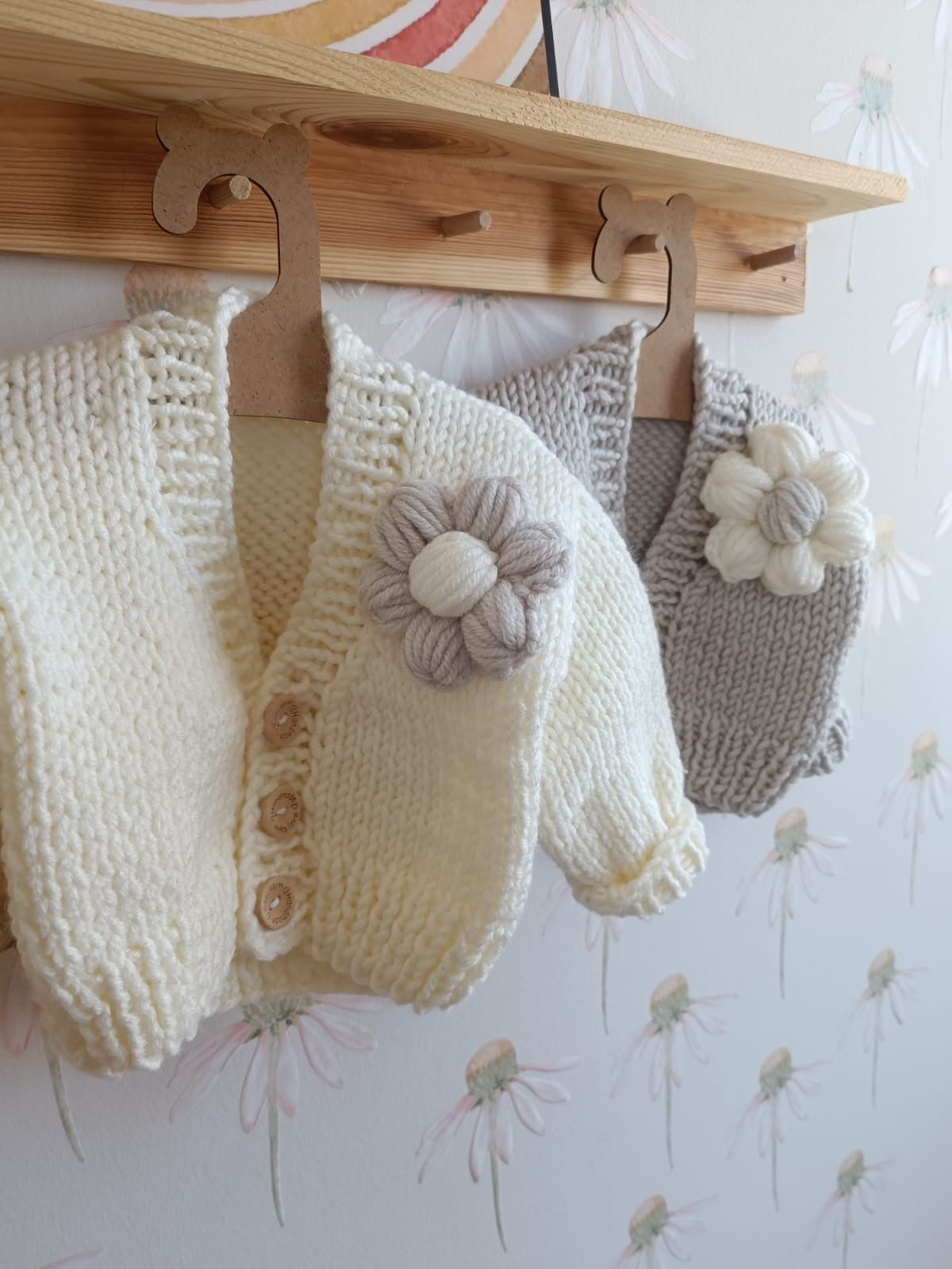 Pre order handknit flower cardigan grey and white flower