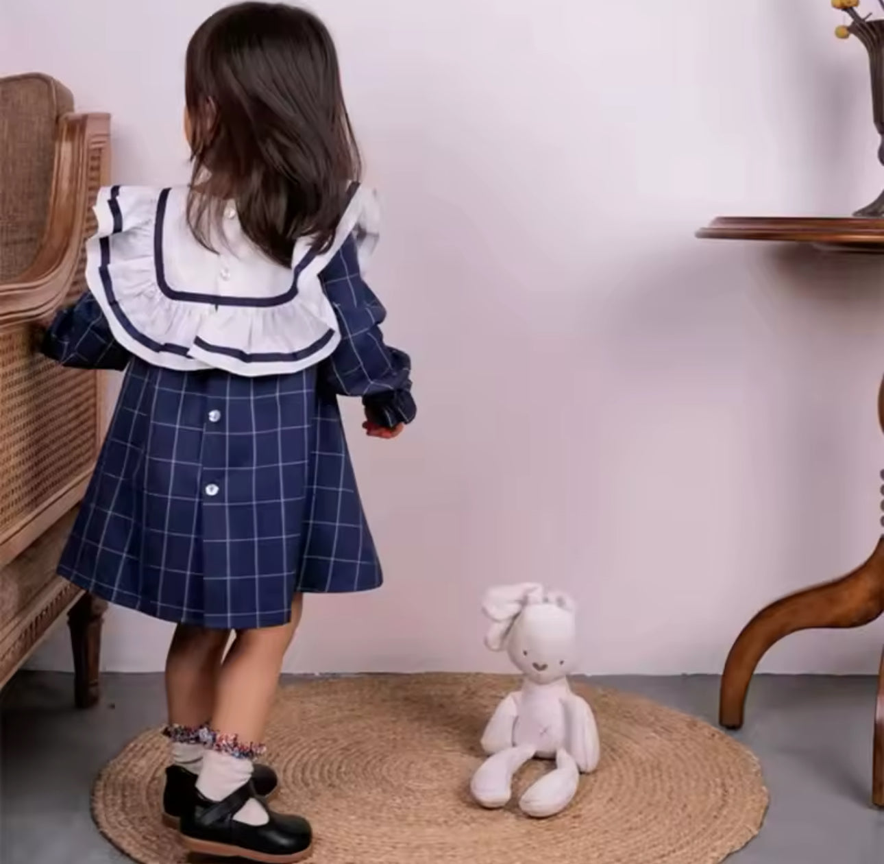 Spring collection navy velour bow frill dress (pre order)