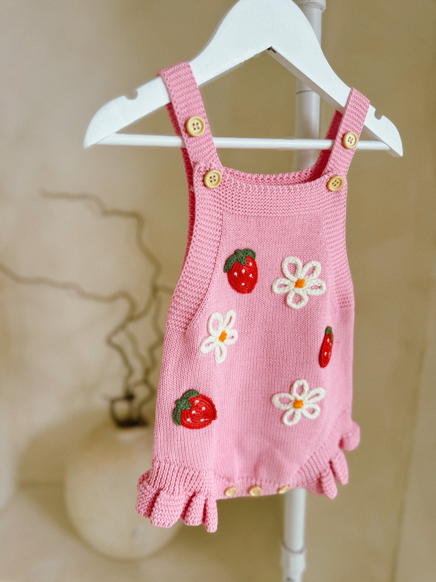 In stock summer knitted embroidered strawberry rompers