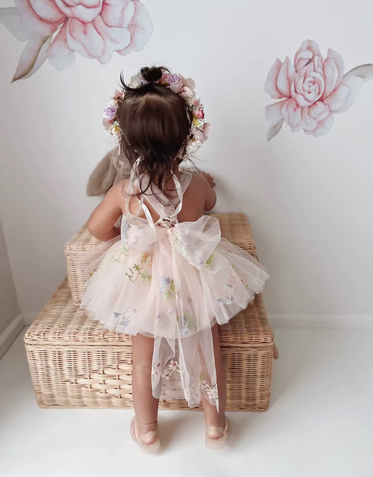 Tutu summer flower embroidered romper dress baby pink