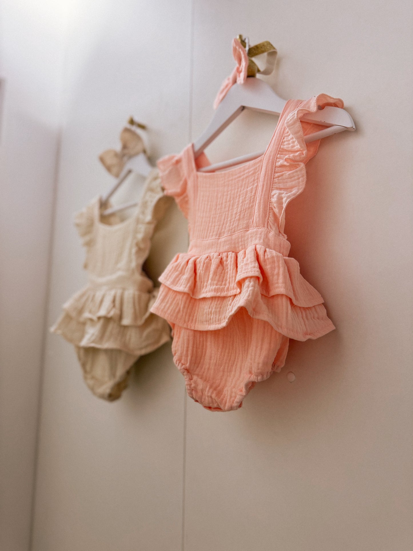 Pre order summer ruffle cotton rompers (headband included)
