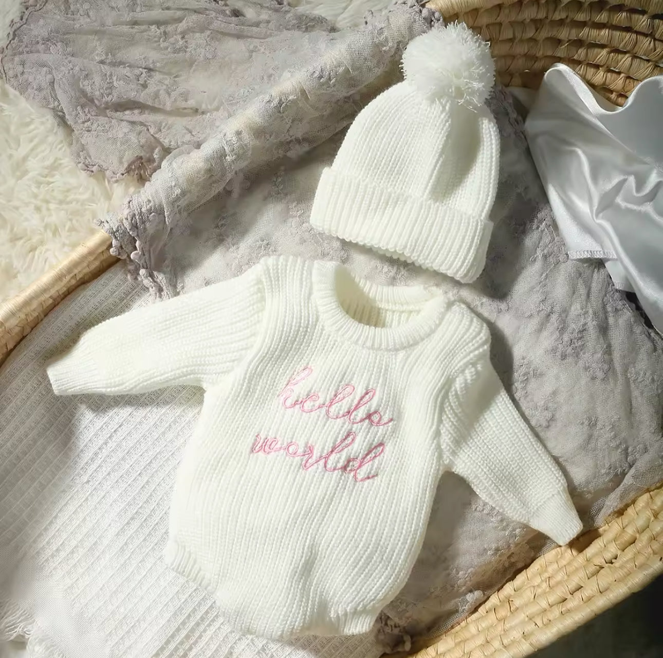Pre order ‘Hello World’ embroidered chunky romper and hat