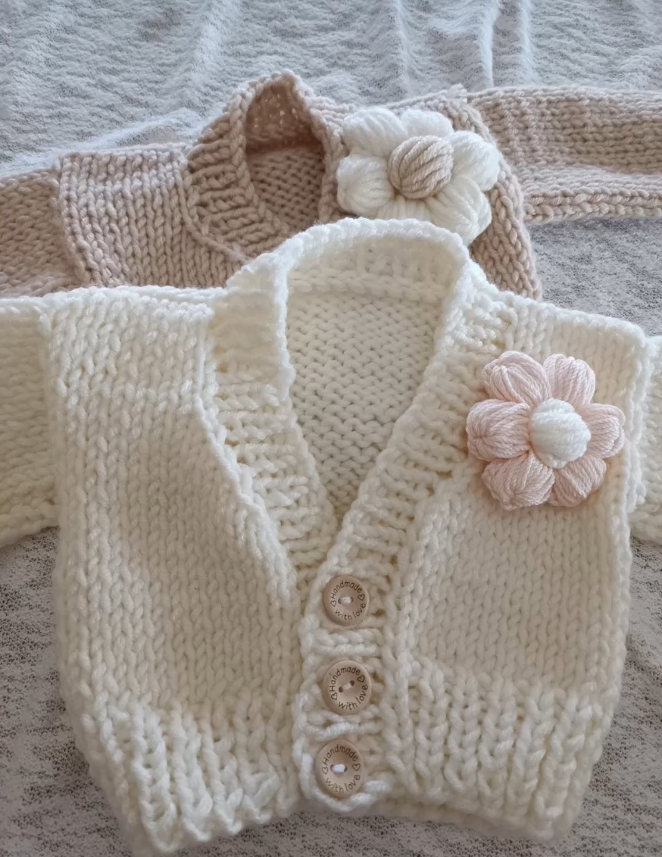 Pre order handknit white cardigan with flower