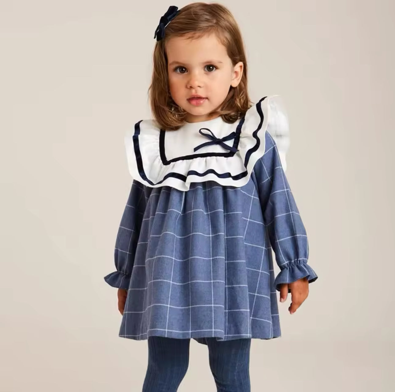 Spring collection navy velour bow frill dress (pre order)