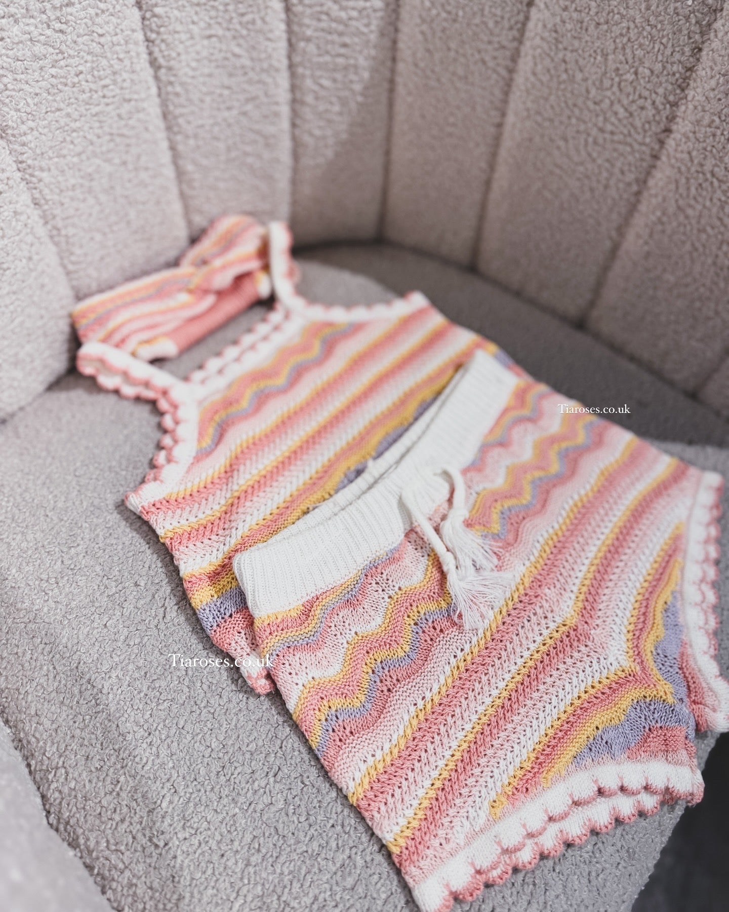 In stock summer crochet 3 piece vest shorts and headband set
