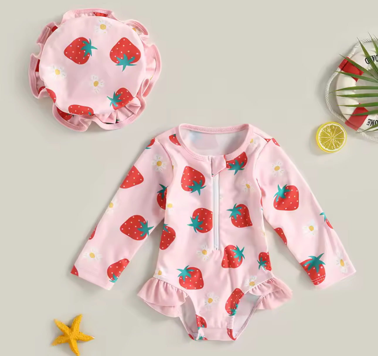 Pink strawberry print swimming costume/ruffle costume/ two piece collection