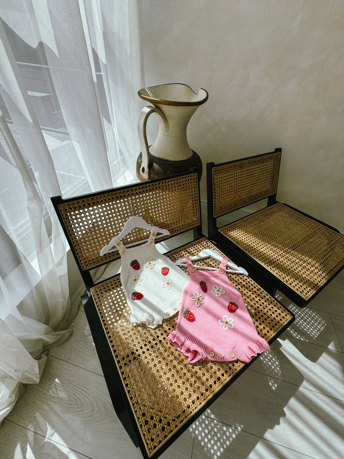 In stock summer knitted embroidered strawberry rompers