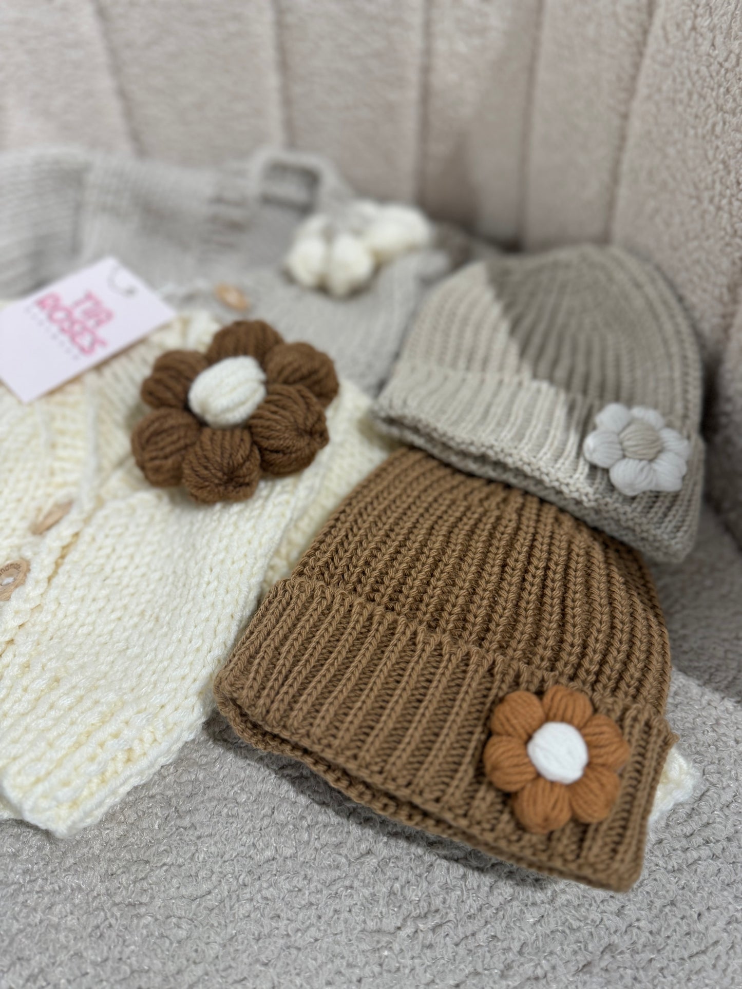 In stock handknit flower hat