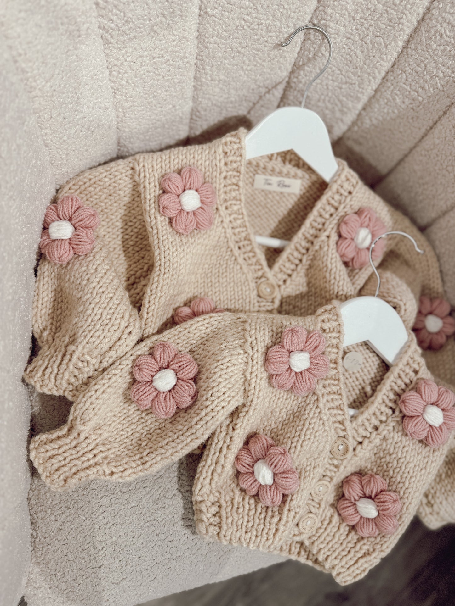 Beige flowers hand knitted cardigan