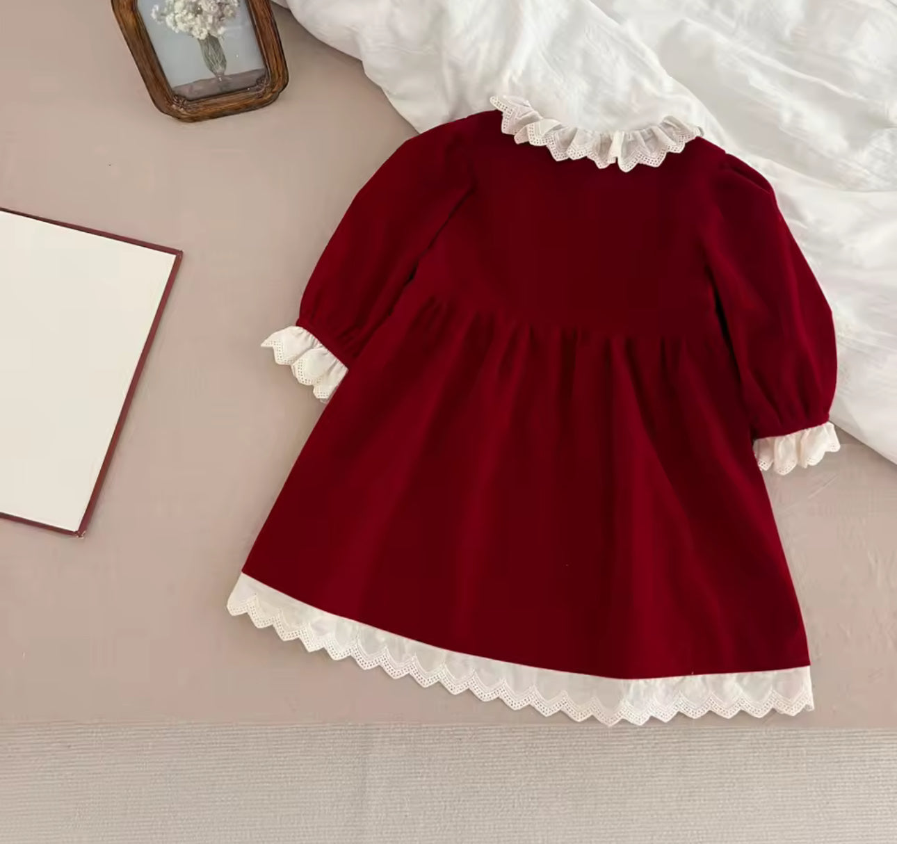Lace trim velour Christmas romper/dress