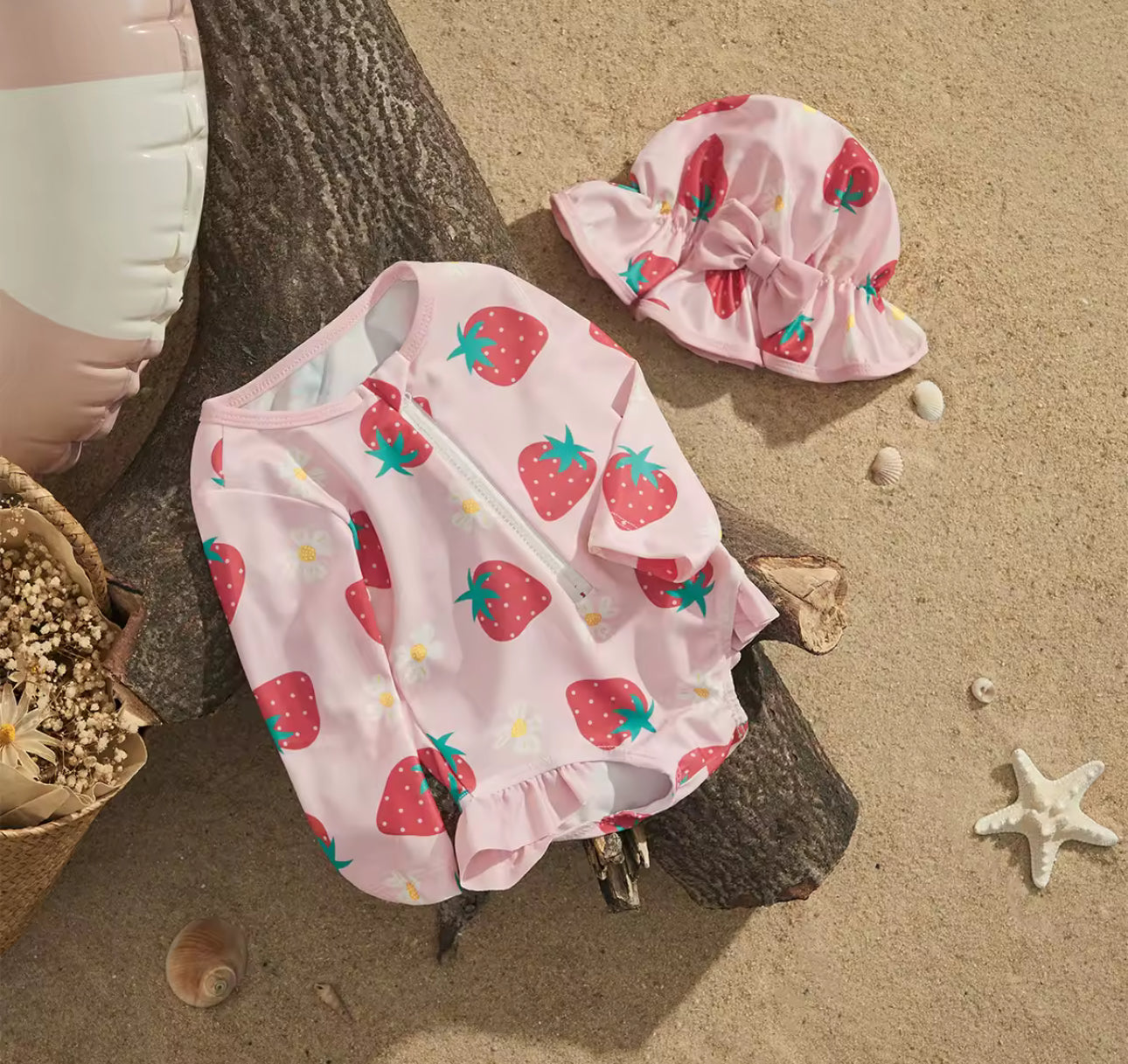 Pink strawberry print swimming costume/ruffle costume/ two piece collection