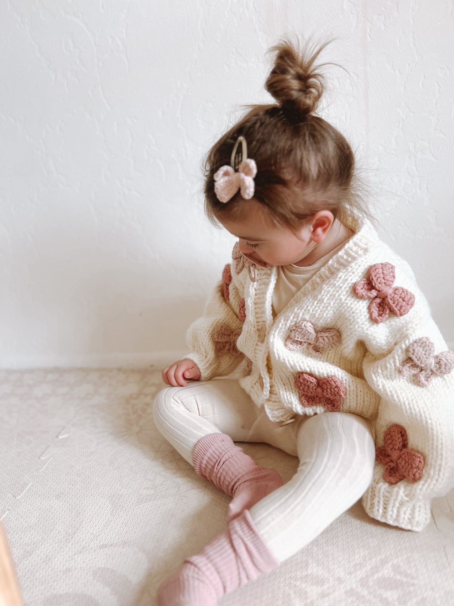 Mama and me handknitted autumn bow 2 cardigan set