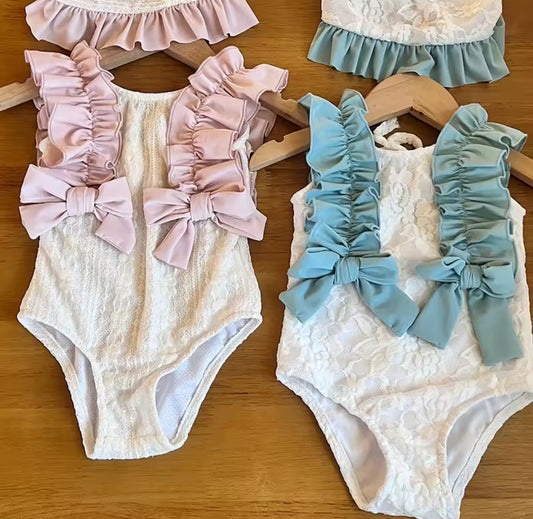 Ruffle two piece swimming costume and hat