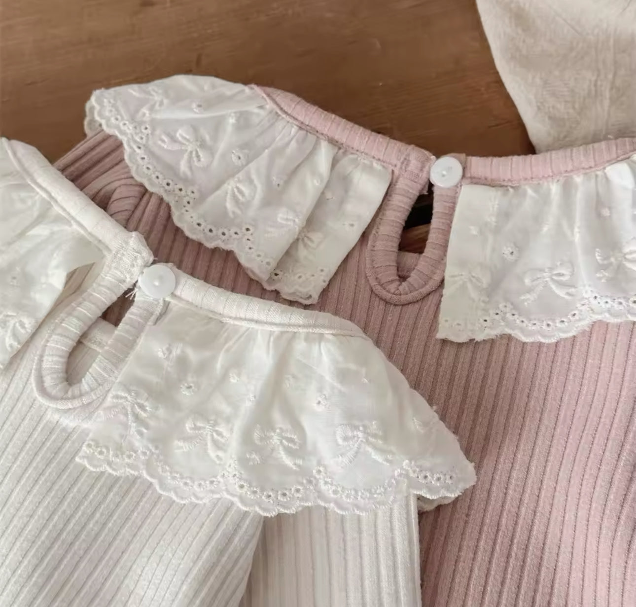 Cotton ribbed bow lace trim collar summer top