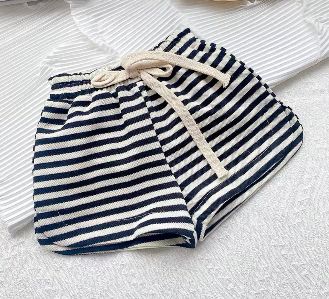 Navy stripe cotton summer two piece top and shorts