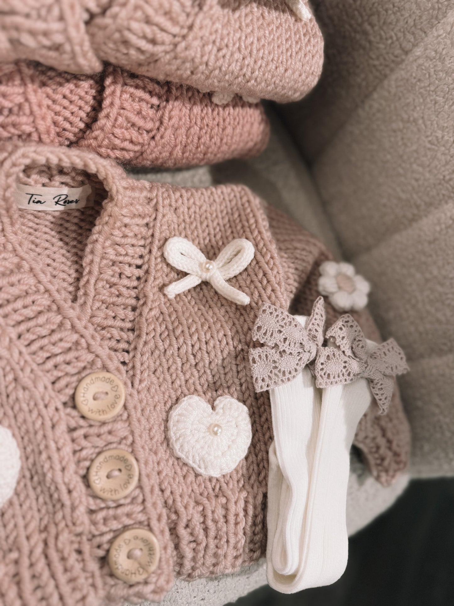 Pre order new style handknitted bows hearts and flowers cardigans