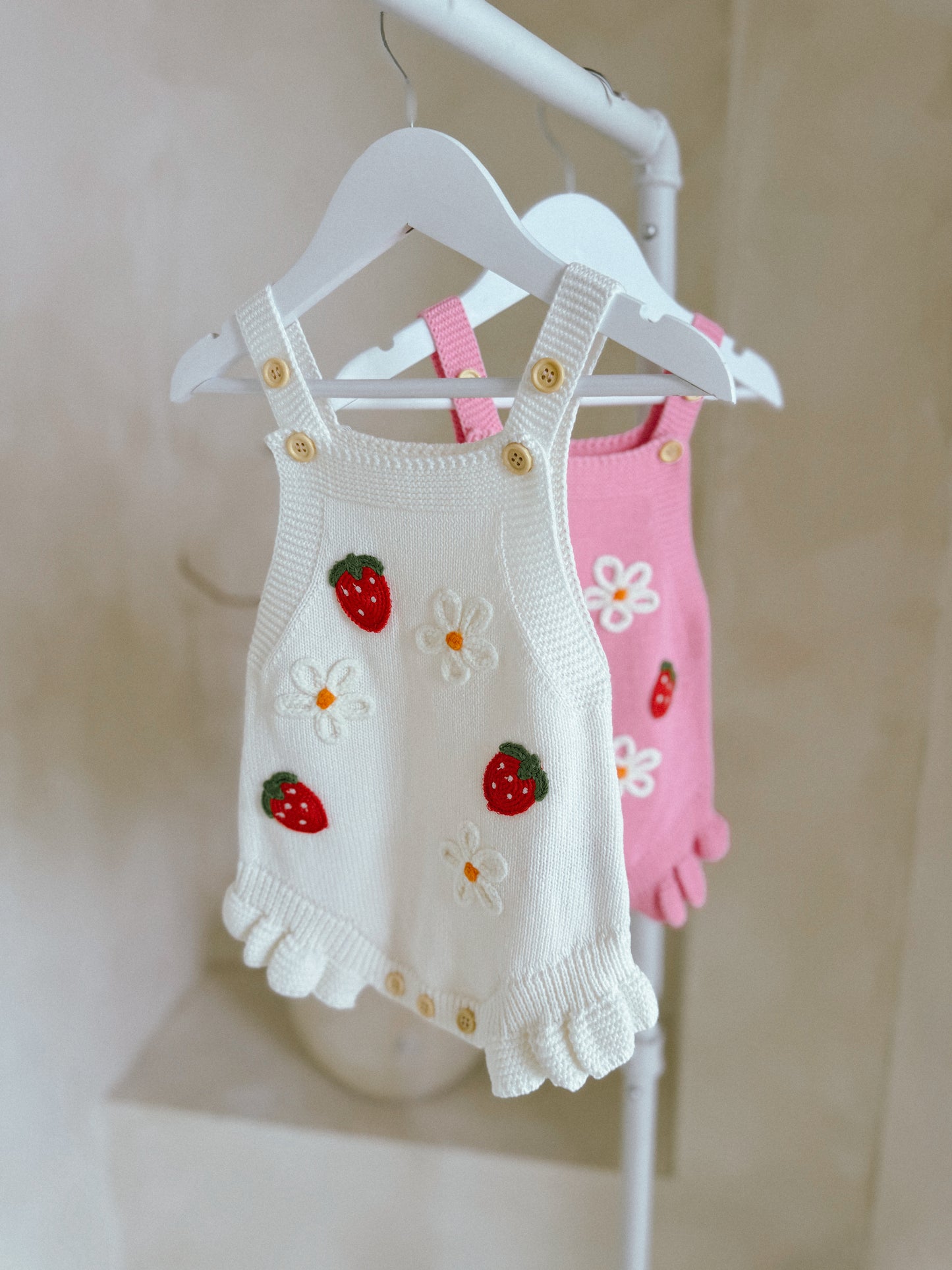In stock summer knitted embroidered strawberry rompers