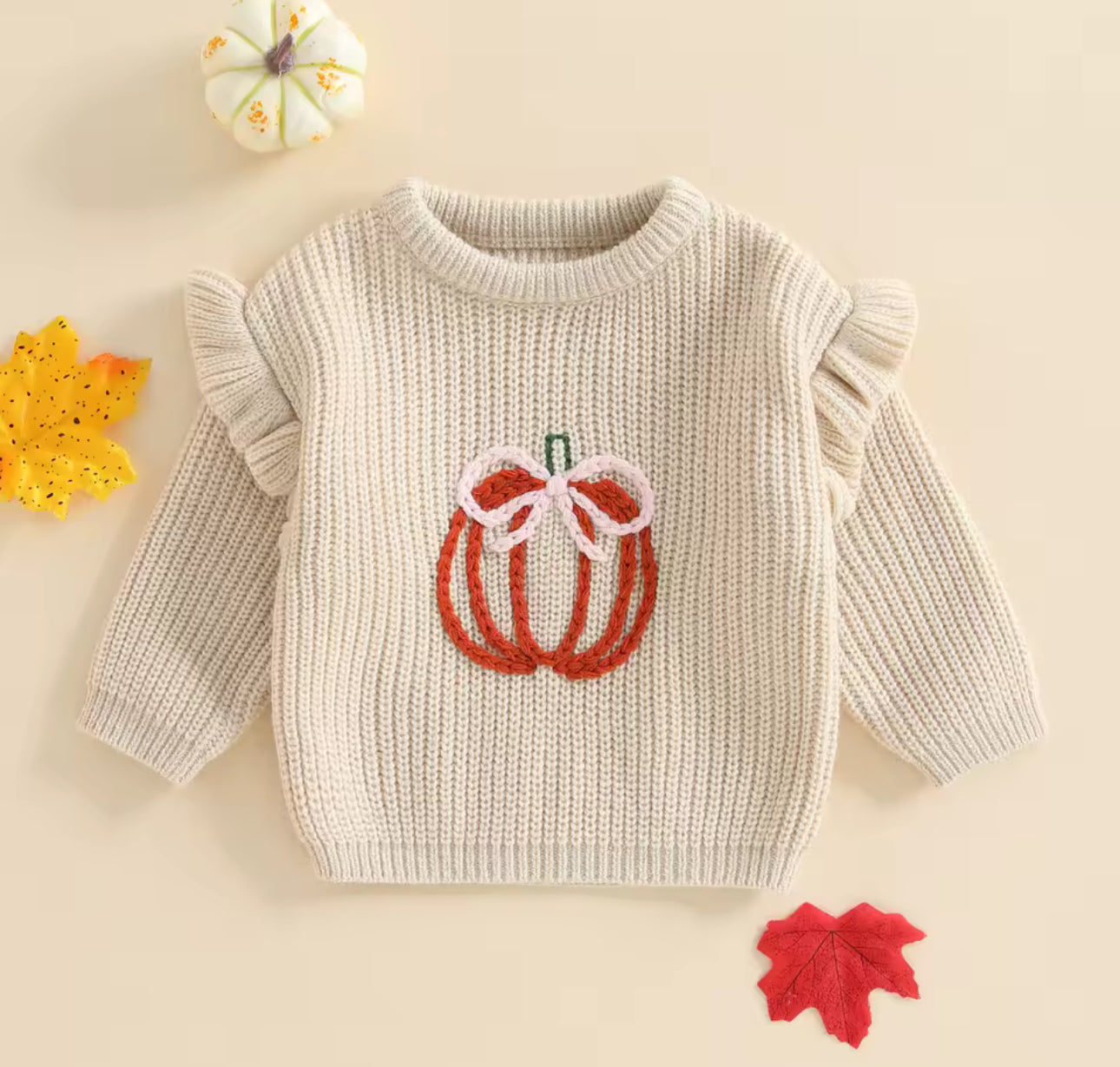 Pumpkin embroidered frill knitted jumpers