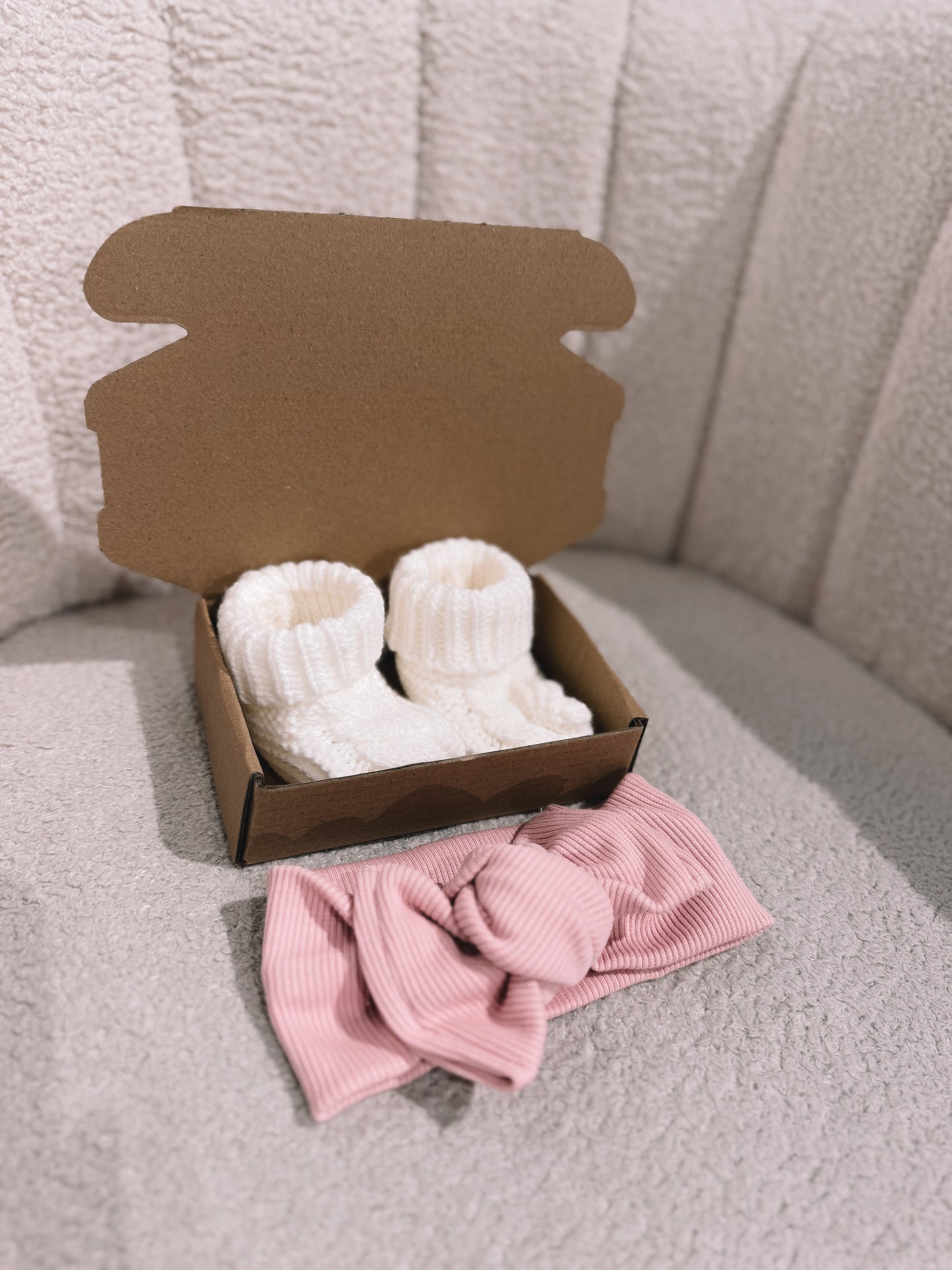 In stock handmade booties and bow boxes