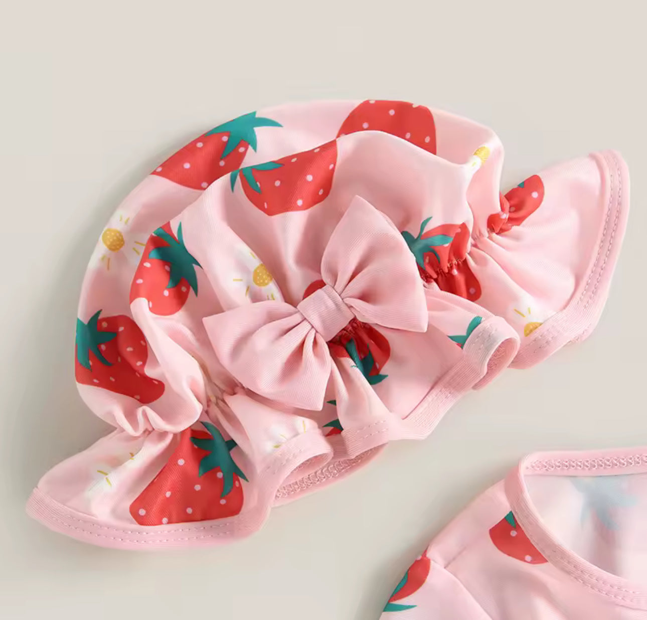 Pink strawberry print swimming costume/ruffle costume/ two piece collection