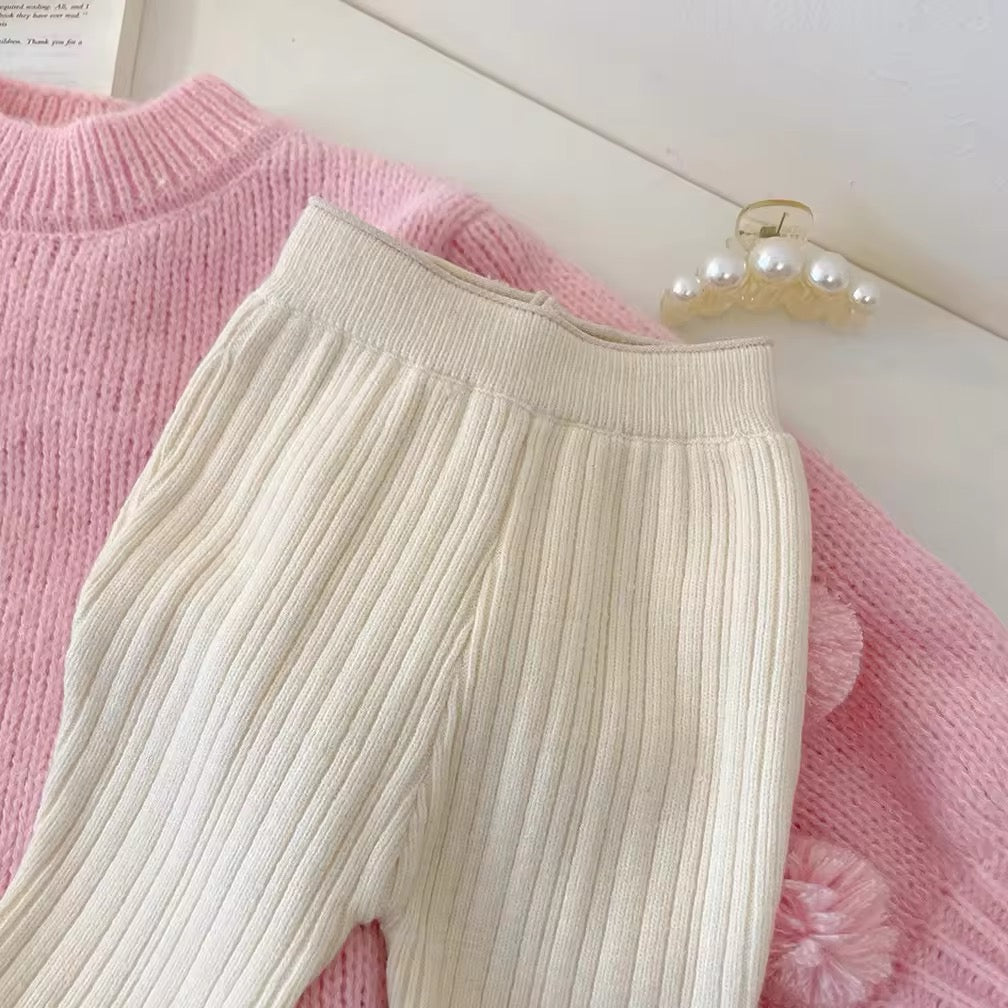 Chunky Pom Pom spring summer jumper and knit flares set