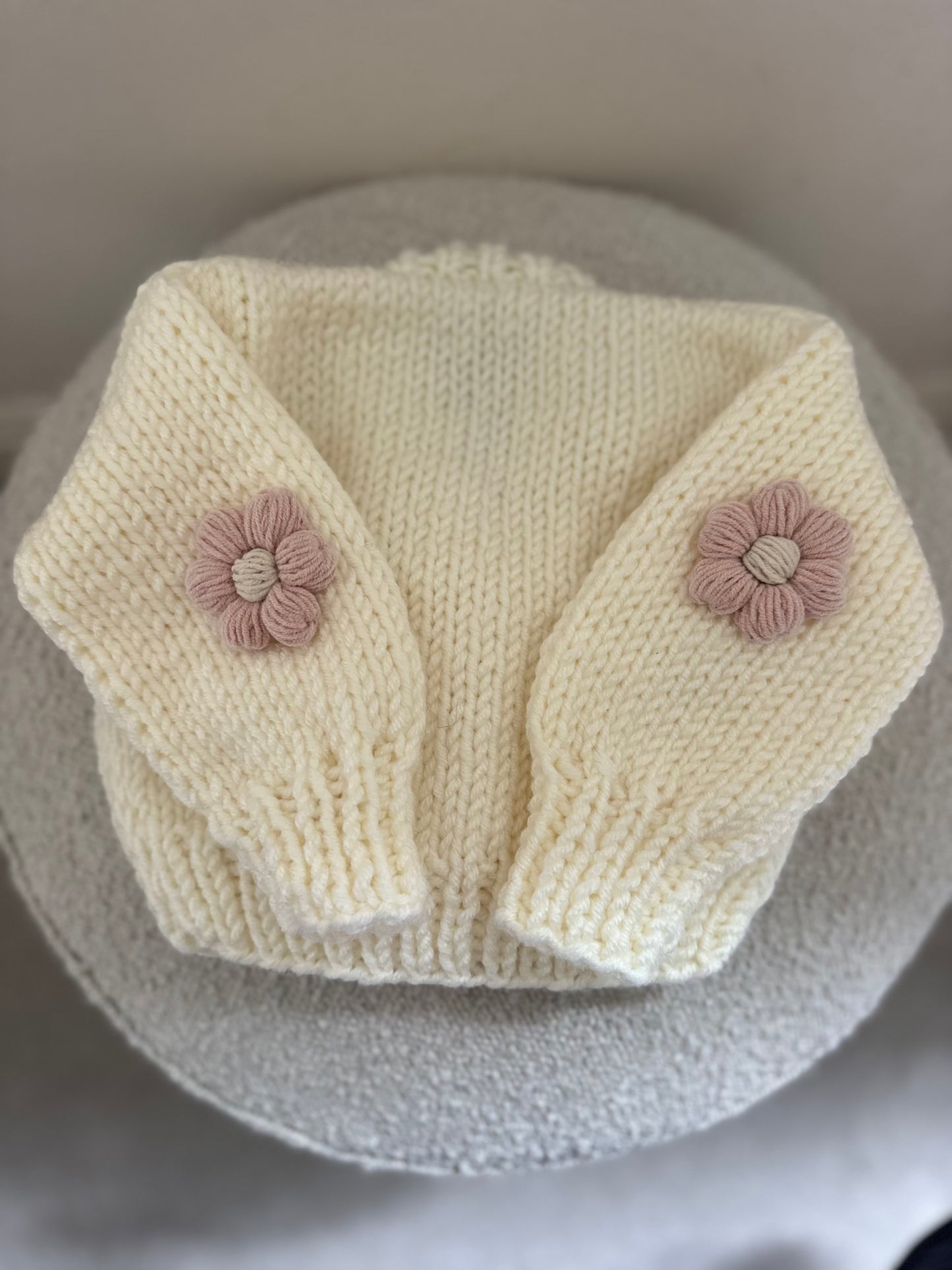 In stock cream and pink heart flower handknitted cardigan