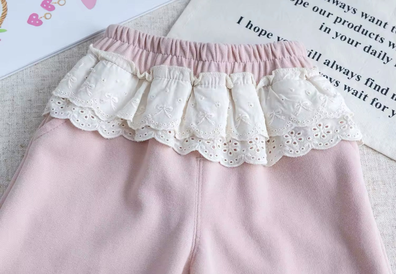 Spring lace trim bow joggers